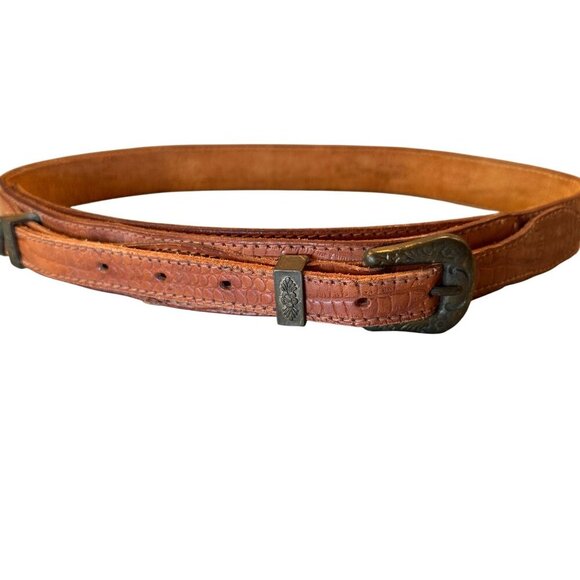 Fiorucci Italy Leather Double Strap Belt Vintage Embossed Brass Floral Accents - Picture 3 of 16